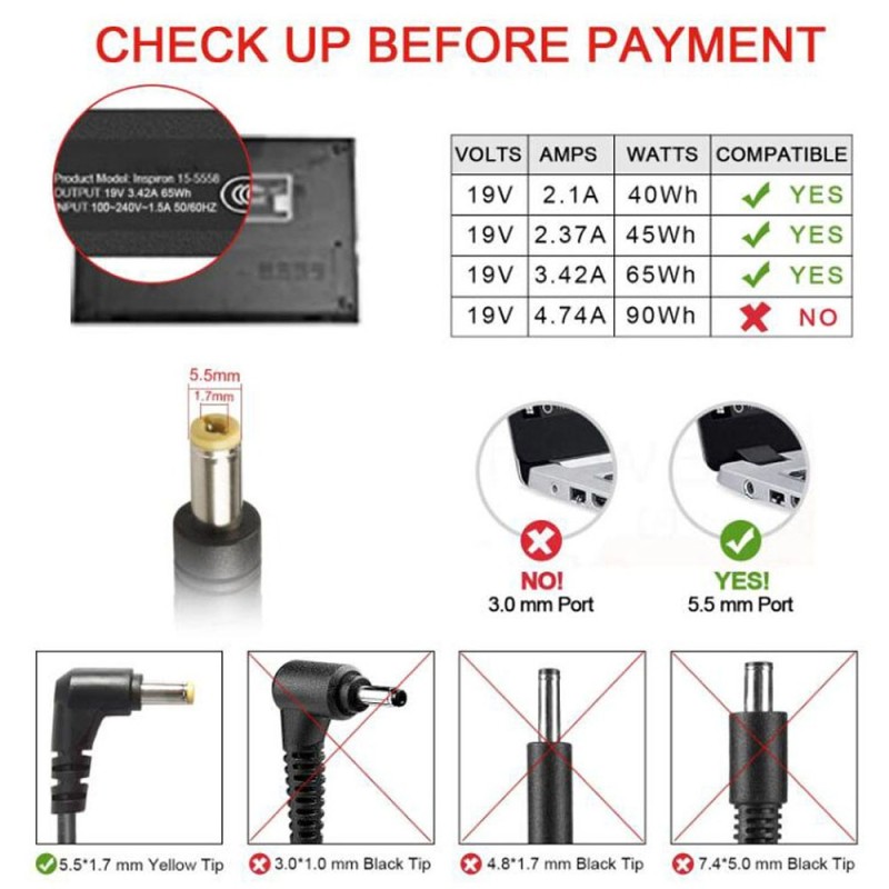 19V 3.42A 65W Acer Adapter Charger 5.5mm 1.7mm Connector