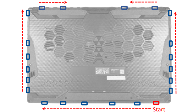 Prying open ASUS FX706HEB base cover with a plastic spudger