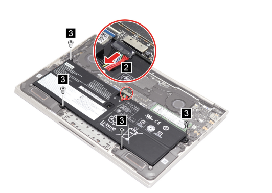 Yoga C940-14IIL: Disconnect battery cable and remove four screws
